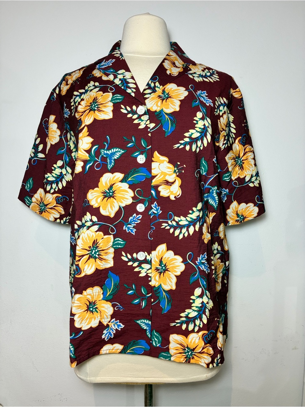 Madewell Maroon Floral Short-Sleeve Button-Down Shirt
